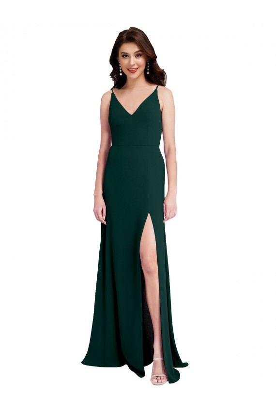 Cheap Slim A-Line V-Neck Full Length Crepe Bridesmaid Dress with Side Slit Canada