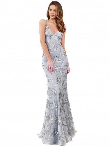 Cheap Silver V-Neckline Backless Floral Patterned Sequin Bridesmaid Dress Canada