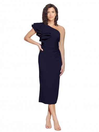 Cheap Ruched Midi Length Short Crepe Bridesmaid Dress with Shoulder Ruffles Canada