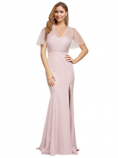 Cheap Crepe Long Sweetheart Neckline Bridesmaid Dress with Tulle Overlay Shoulders Canada