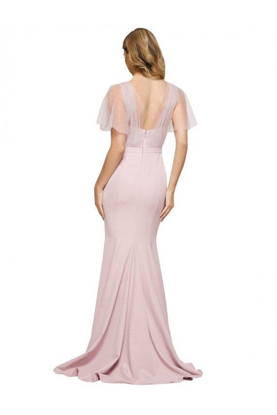 Cheap Crepe Long Sweetheart Neckline Bridesmaid Dress with Tulle Overlay Shoulders Canada