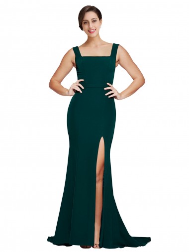 Cheap Fitted Square Neck Long Crepe Bridesmaid Dress with Train and Side Split Canada