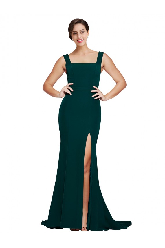 Cheap Fitted Square Neck Long Crepe Bridesmaid Dress with Train and Side Split Canada