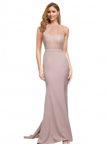 Cheap Long Sweetheart Crepe Bridesmaid Dress with High Neck Illusion Tulle Details Canada