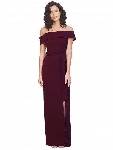 Cheap Fitted Full Length Off the Shoulder Crepe Bridesmaid Dress with Side Split and Waist Tie Canada