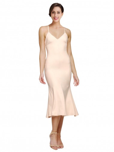 Cheap Midi Length V-Neckline Crepe Bridesmaid Dress with Thin Straps and Fulted Skirt Canada