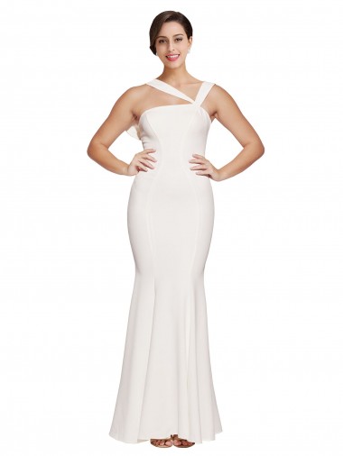 Cheap Full Length Square Neck Crepe Bridesmaid Dress with Asymmetrical Straps and Bow Back Canada