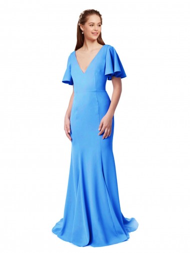 Cheap Short Sleeves Long V-Neck Crepe Bridesmaid Dress with V-Back Canada