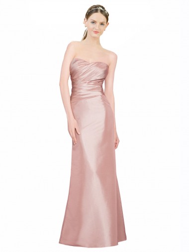 Cheap Long Strapless Stretch Satin Bridesmaid Dress with Pleats and Low Back Canada