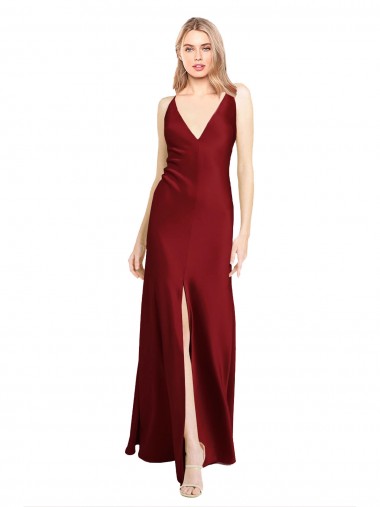 Cheap Floor Length Deep V-Back Stretch Satin Bridesmaid Dress with Front Slit Canada