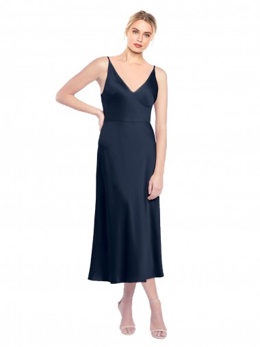 Cheap V-Neck Midi Length Short Stretch Satin Bridesmaid Dress V-Back Canada