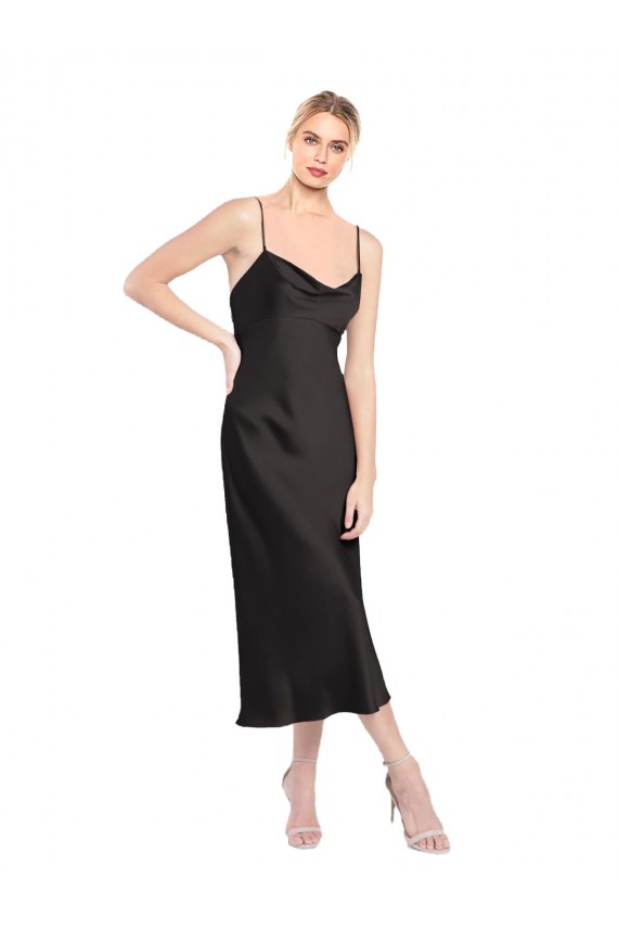 Cheap Cowl Neck Midi Length Short Stretch Satin Slip Bridesmaid Dress Canada