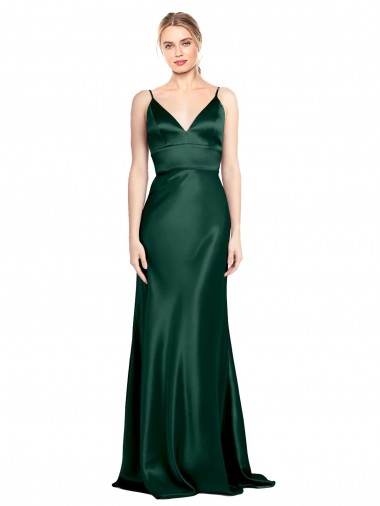 Cheap High V-Neck Long Full Length Sheath Stretch Satin Bridesmaid Dress Canada