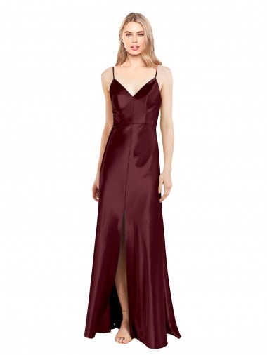 Cheap Sleek Spaghetti Straps V-Neck Stretch Satin Bridesmaid Dress with Center Front Slit Canada