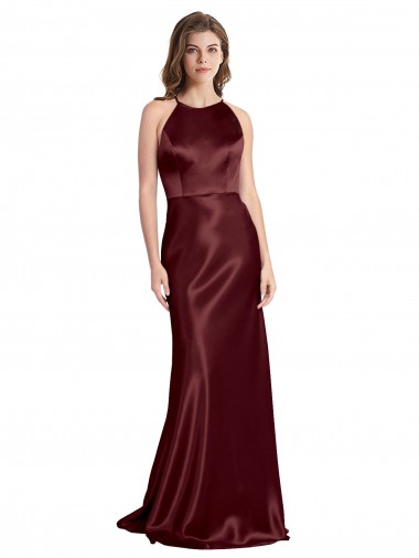 Cheap High Neck Halter Long Sleeveless Stretch Satin Bridesmaid Dress with Strappy Back Canada