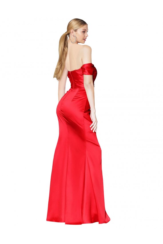 Cheap Off the Shoulder High Neck Stretch Satin Bridesmaid Dress with High Slit Canada