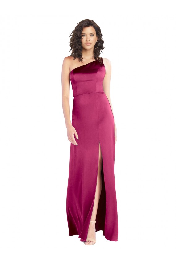 Cheap Sleek One Shoulder A-Line Long Stretch Satin Bridesmaid Dress with Spaghetti Straps Back Canada