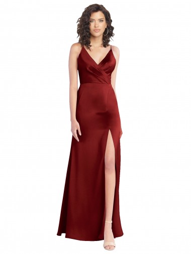 Cheap Faux Surplice Neckline Long Slim A-Line Stretch Satin Bridesmaid Dress Canada