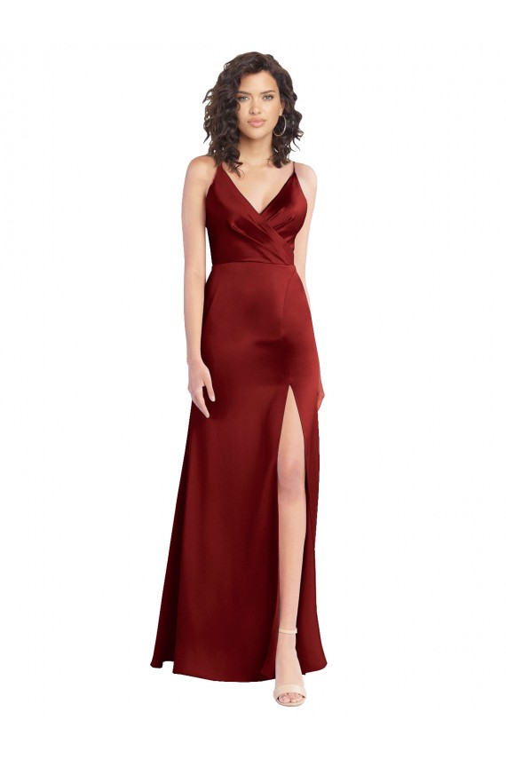 Cheap Faux Surplice Neckline Long Slim A-Line Stretch Satin Bridesmaid Dress Canada