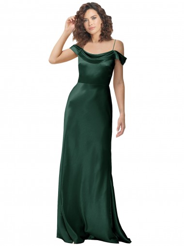 Cheap Off the Shoulder Sleeves Long Stretch Satin Bridesmaid Dress with Pleated Draped Neckline Canada