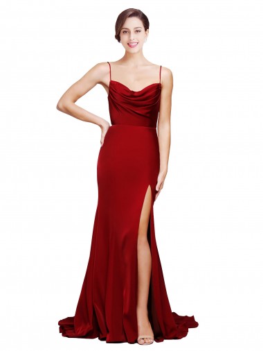 Cheap Cowl Front Neck Sweep Train Stretch Satin Bridesmaid Dress with High Side Split Canada