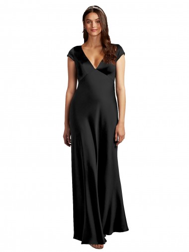 Cheap Plunging V-Neck Cap Cleeves Long Stretch Satin Bridesmaid Dress with Keyhole Back Canada