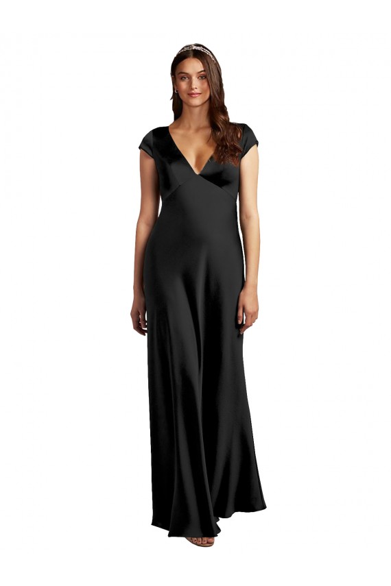 Cheap Plunging V-Neck Cap Cleeves Long Stretch Satin Bridesmaid Dress with Keyhole Back Canada