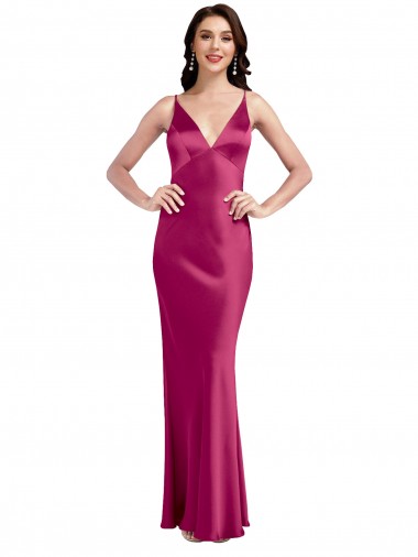 Cheap V-Neck Spaghetti Straps Slim Stretch Satin Bridesmaid Dress with Low Scoop Back Canada