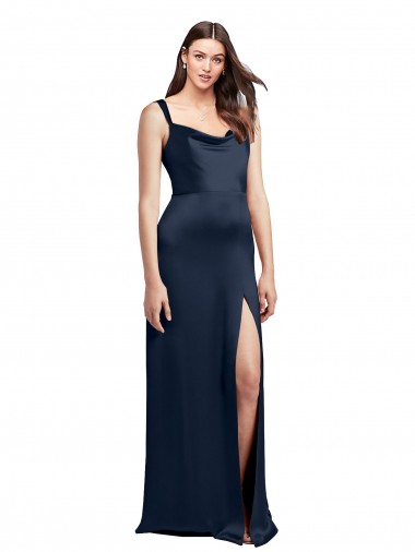 Cheap Cowl Neck Soft Long Stretch Satin Bridesmaid Dress with Side Slit and Pleated Straps Canada