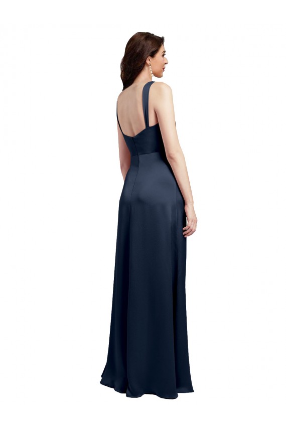 Cheap Cowl Neck Soft Long Stretch Satin Bridesmaid Dress with Side Slit and Pleated Straps Canada