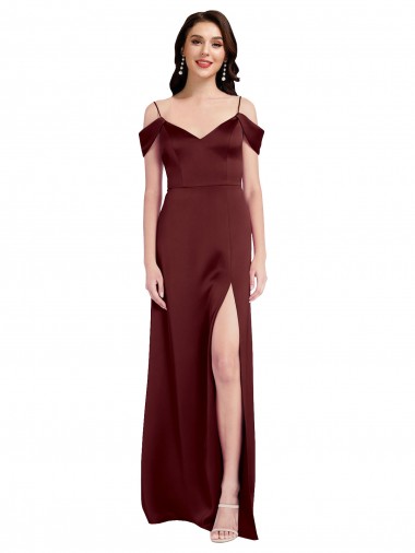 Cheap Draped Off the Shoulder Sleeves Slim A-Line Stretch Satin Bridesmaid Dress with Side Slit Canada