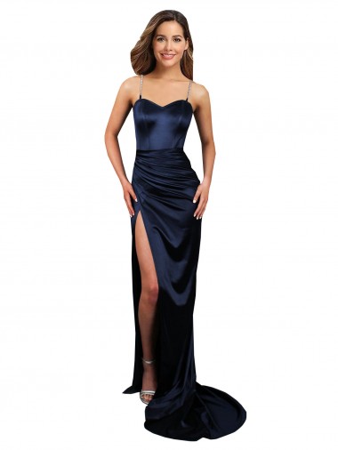 Cheap Pleated Sash Skirt Long Stretch Satin Bridesmaid Dress with High Slit Canada