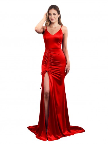 Cheap Long Pleated Stretch Satin Bridesmaid Dress with High Slit Canada