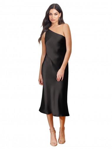 Cheap Sleek One Shoulder Midi Length Short Stretch Satin Slip Bridesmaid Dress Canada