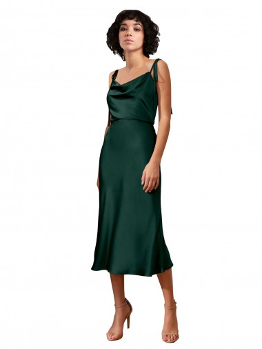 Cheap Spaghetti Straps Tie Shoulders Cowl Neck Short Midi Length Stretch Satin Bridesmaid Dress Canada