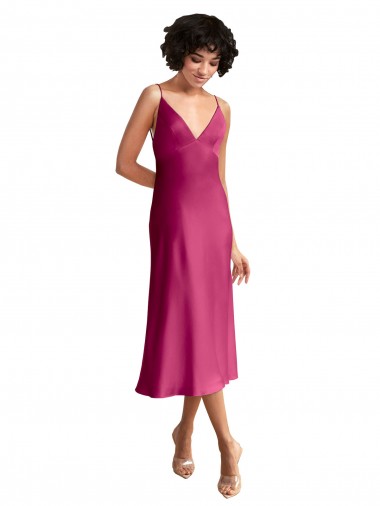 Cheap Midi Length V-Neck Short Stretch Satin Bridesmaid Dress with Low Scoop Back Canada