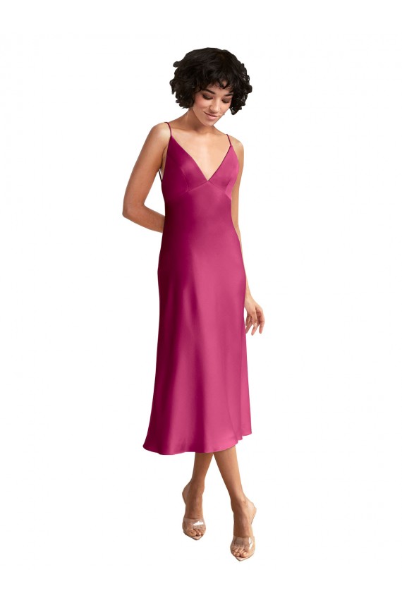 Cheap Midi Length V-Neck Short Stretch Satin Bridesmaid Dress with Low Scoop Back Canada