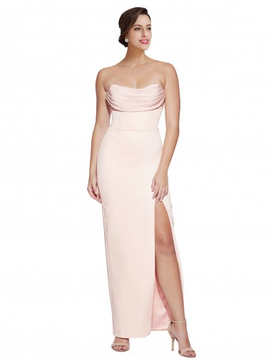 Cheap Cowl Neck Strapless Stretch Satin Bridesmaid Dress with High Split Canada