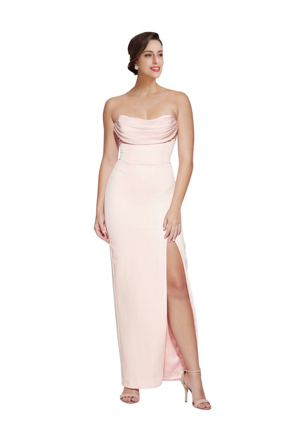 Cheap Cowl Neck Strapless Stretch Satin Bridesmaid Dress with High Split Canada