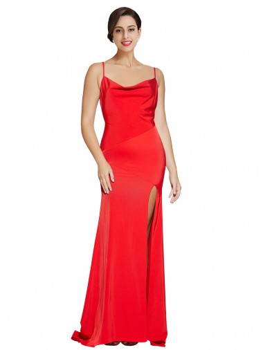 Cheap Low Back Cowl Neck Stretch Satin Bridesmaid Dress with High Side Slit Canada