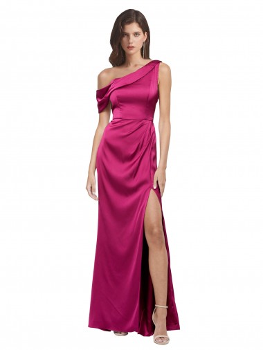 Cheap Off the Shoulder Short Sleeves Stretch Satin Bridesmaid Dress with Side Slit Canada