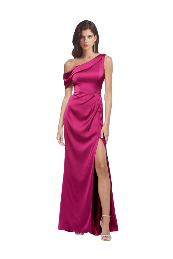 Cheap Off the Shoulder Short Sleeves Stretch Satin Bridesmaid Dress with Side Slit Canada