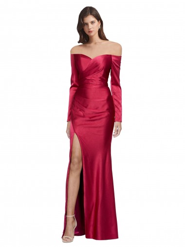 Cheap Long Sleeves Off the Shoulder Stretch Satin Bridesmaid Dress with High Side Split Canada