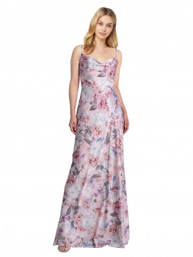 Cheap Draped Cowl Neck Long Printed Stretch Satin Bridesmaid Dress Canada