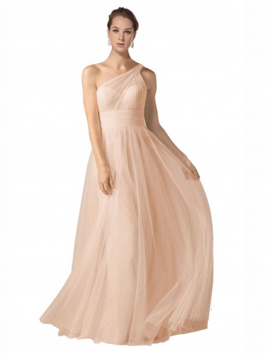 Cheap Illusion One Shoulder Tulle Bridesmaid Dress with Shirred Bodice Canada