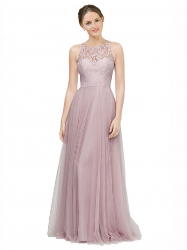 Cheap High Neck Long Tulle Bridesmaid Dress with Lace Bodice Canada