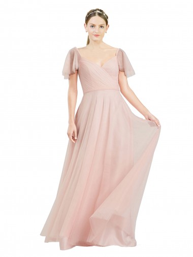 Cheap Long V-Neck Flutter Sleeves Tulle Bridesmaid Dress Canada