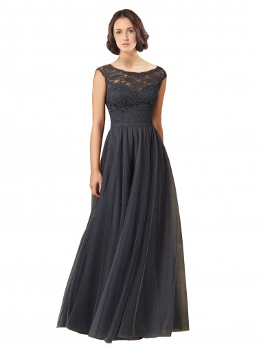 Cheap Long Bateau Tulle Bridesmaid Dress with Lace Bodice Canada