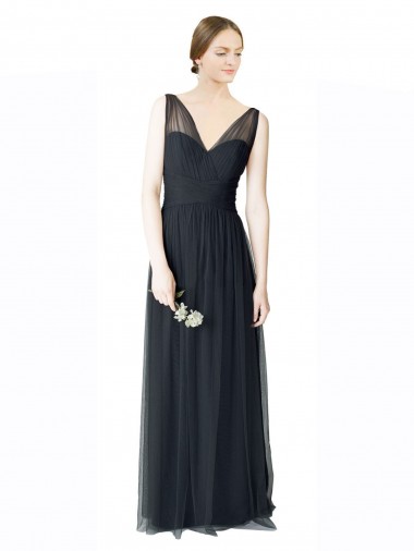 Cheap Long Tulle Bridesmaid Dress with Illusion Shoulder Straps and V-Back Canada