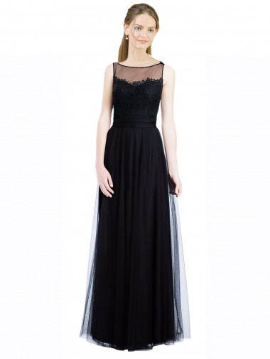 Cheap Full Length Tulle Bridesmaid Dress with Lace Bodice and Soft Tulle Illusion Top Canada